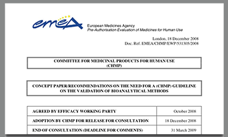 EMA Concept paper/recommendation on the need for a (CHMP) guideline onthe validation of bioanalytical methods, March 2009