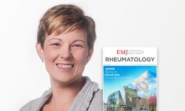 Woman smiling with EMJ Rheumatology text