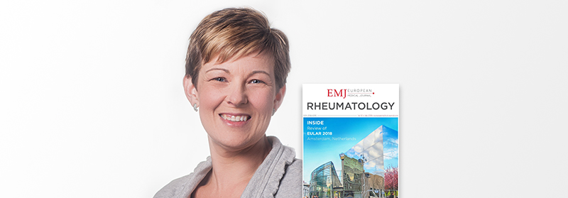 Woman smiling with EMJ Rheumatology text