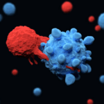 red virus and blue molecule