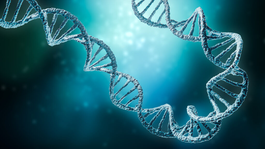 Double helix DNA strands on a blue background with copy space 3D rendering illustration. Genetics, science, genome, medecine, biology concepts.